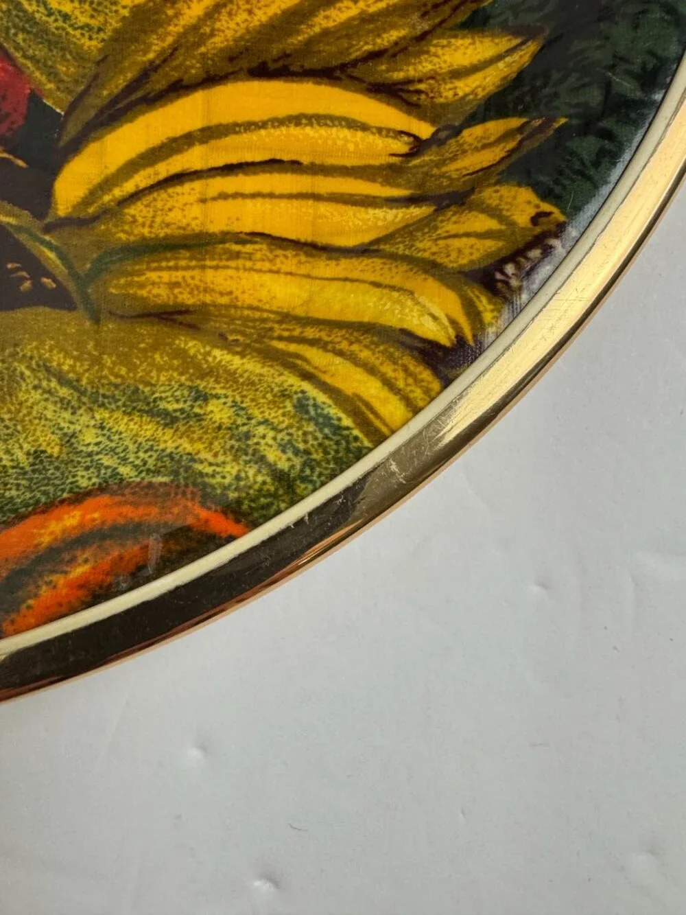 Vintage Mid Century Oval Serving Tray Fruit Still Life Gold Metal Rim Decor